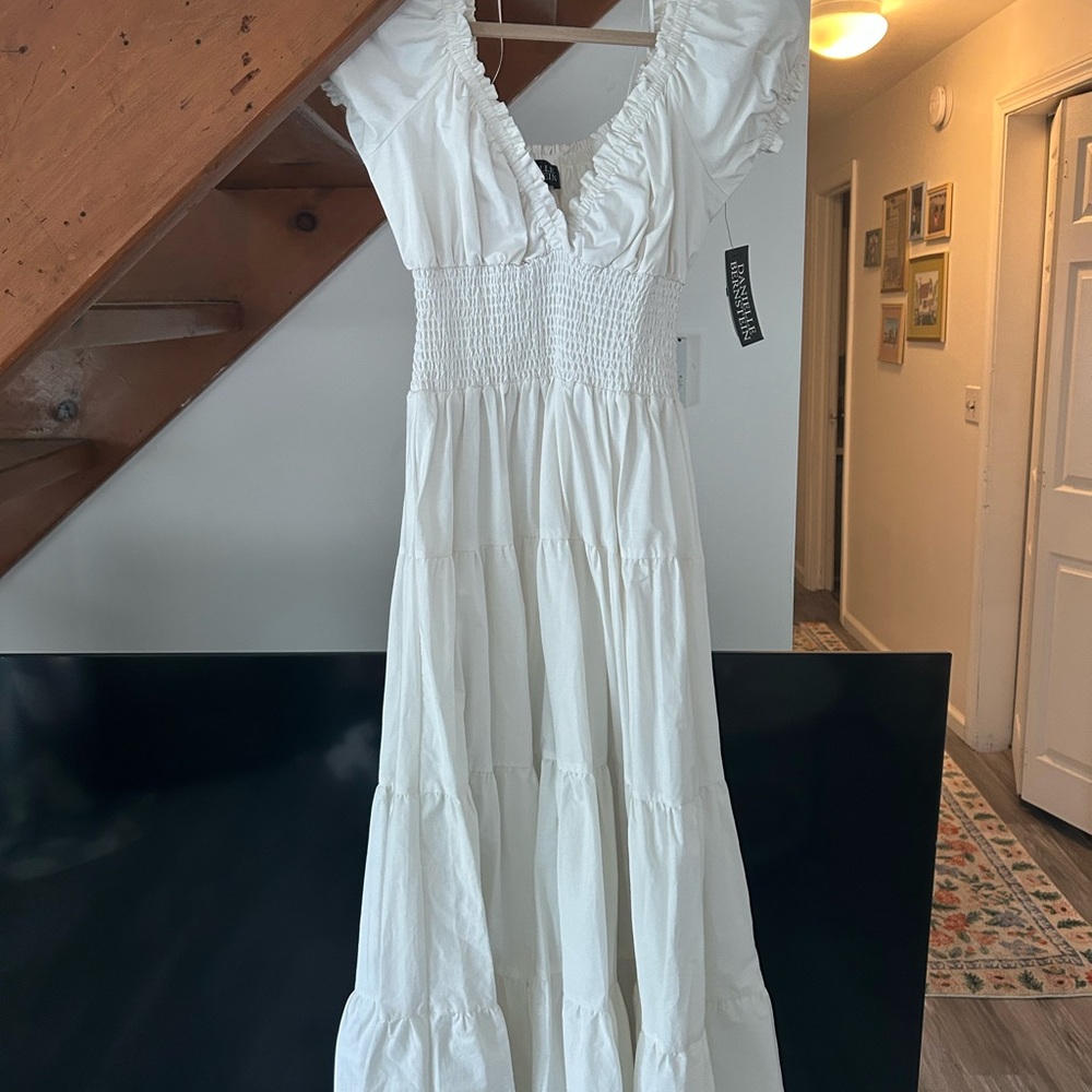 Danielle Bernstein White V-Neck Flutter Sleeve Maxi Dress